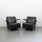 2x Leolux Scylla fauteuils zwart leder - chroom buisframe, Huis en Inrichting, Fauteuils, Niet ingevuld, Niet ingevuld, Leer, Ophalen of Verzenden