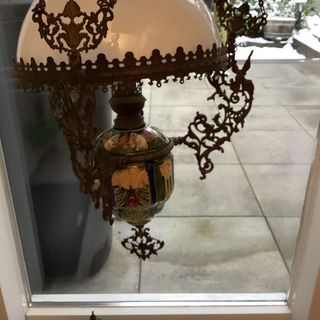 Antieke hangende olielamp met Majolicapot, Antiek en Kunst, Ophalen