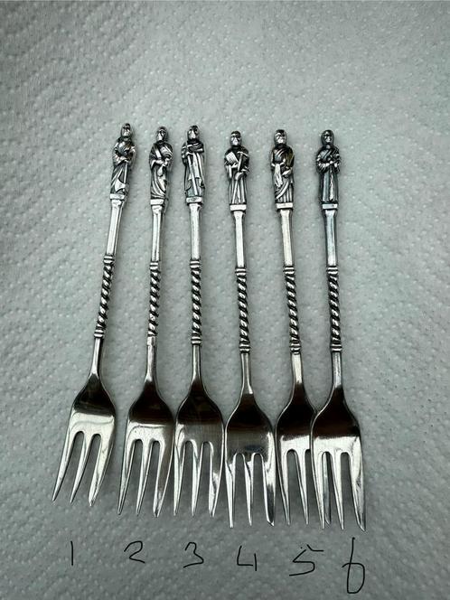 bijzondere set 6 verzilverde taartvorkjes met afbeeldingen, Antiek en Kunst, Antiek | Bestek, Ophalen of Verzenden