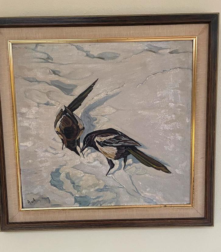 Schilderij: Twee Eksters in de sneeuw, Antiek en Kunst, Kunst | Schilderijen | Klassiek, Ophalen of Verzenden