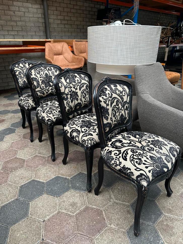 Set van 4 Zwart/Wit Barok Stoelen, Huis en Inrichting, Stoelen, Gebruikt, Vier, Hout, Zwart, Ophalen