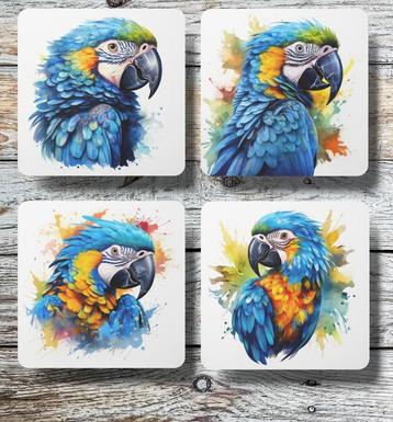 Blauwgele Ara Aquarel onderzetters met houder beschikbaar voor biedingen