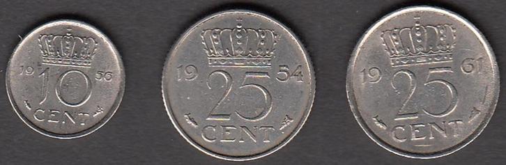 Nederland 10 cent 1956, 25 cent 1954 + 1961 Juliana UNC, Postzegels en Munten, Munten | Nederland, Setje, 25 cent, Koningin Juliana