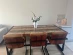 Industriele eettafel met bijpassende leren stoelen, Ophalen, Gebruikt, 200 cm of meer, 50 tot 100 cm