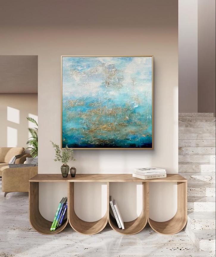 Abstract landschap met structuur en goud – 80x80 cm, Antiek en Kunst, Kunst | Schilderijen | Abstract, Ophalen