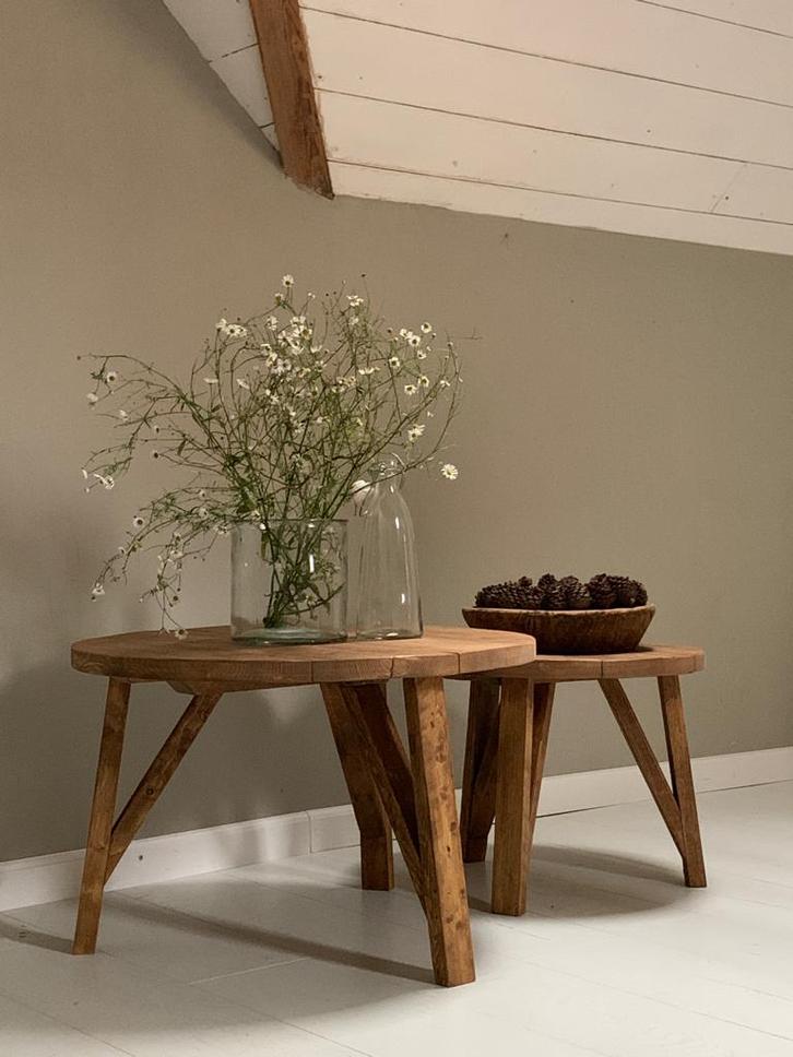 Landelijke ronde salontafels * hout,oud,sober* Huisje Sfeer, Huis en Inrichting, Tafelonderdelen, Nieuw, 50 tot 100 cm, Rond, Ophalen of Verzenden