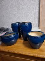 4 Grote Blauwe Bloempotten - Helemaal Heel, Rond, Zo goed als nieuw, Aardewerk, Tuin