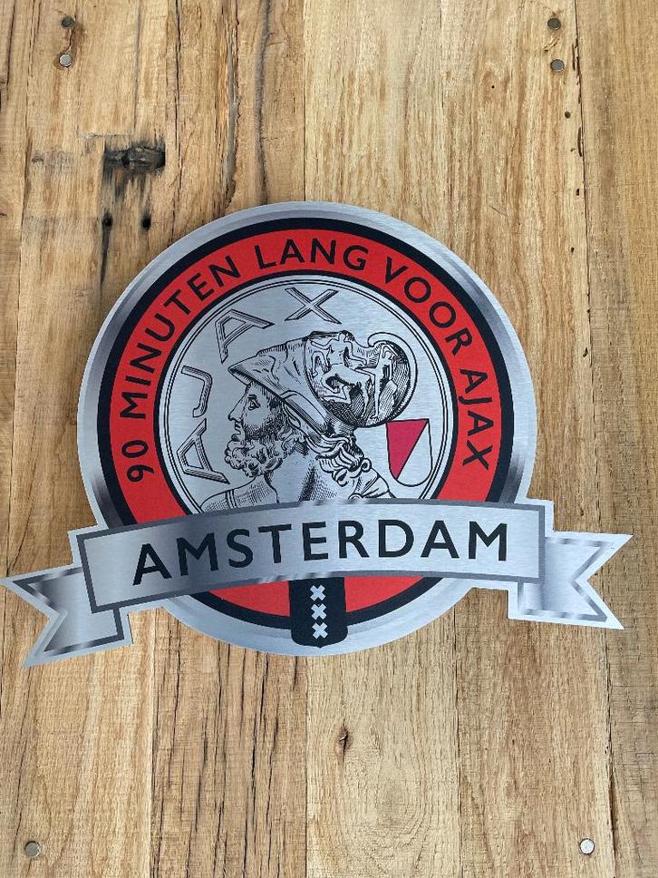 Reclamebord Embleem Ajax 90 minuten lang (rood) aluminium, Verzamelen, Merken en Reclamevoorwerpen, Nieuw, Reclamebord, Ophalen of Verzenden