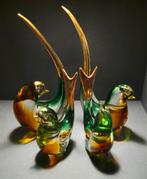 Murano sommerso glasvogels set van 4 groen/amber met goud, Antiek en Kunst, Ophalen of Verzenden