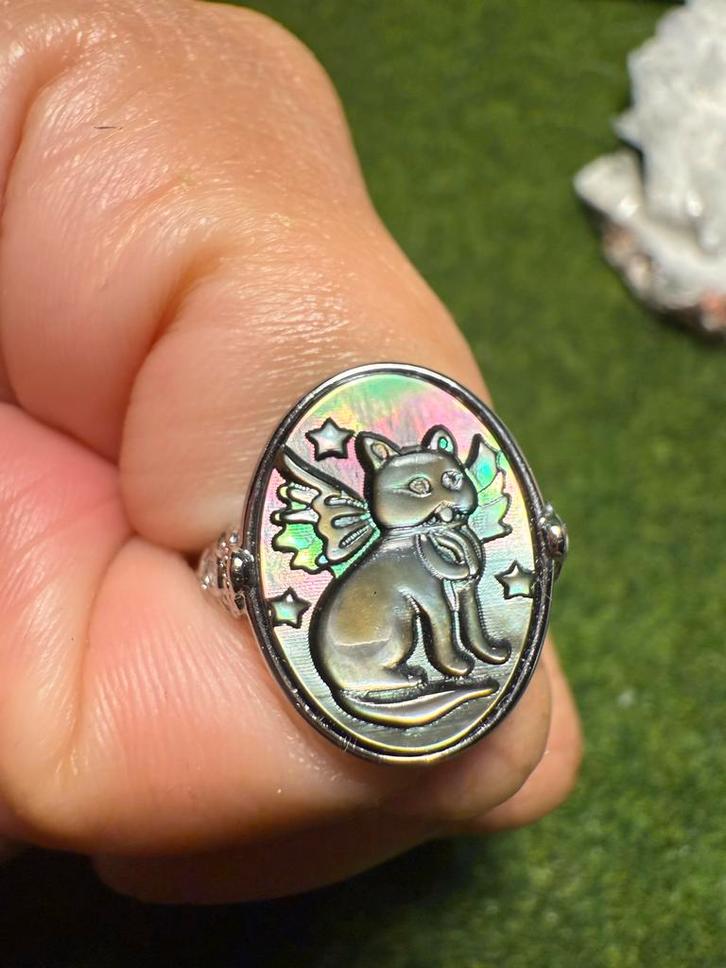 Zilveren Ring Regenboog Obsidiaan Kat - Verstelbaar, Sieraden, Tassen en Uiterlijk, Ringen, Nieuw, Dame of Heer, Zilver, Met edelsteen