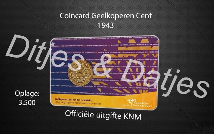 Nederland Geelkoperen 1 cent in coincard KNM 1943, Postzegels en Munten, Munten | Nederland, 1 cent, Koningin Wilhelmina, Ophalen of Verzenden