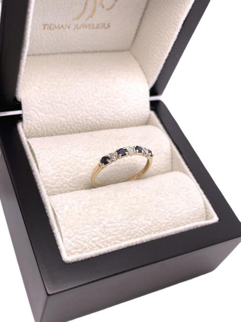 14 Karaat Gouden Aanschuifring Diamant Saffier - Hartjes, Sieraden, Tassen en Uiterlijk, Ringen, Zo goed als nieuw, Dame, 17 tot 18