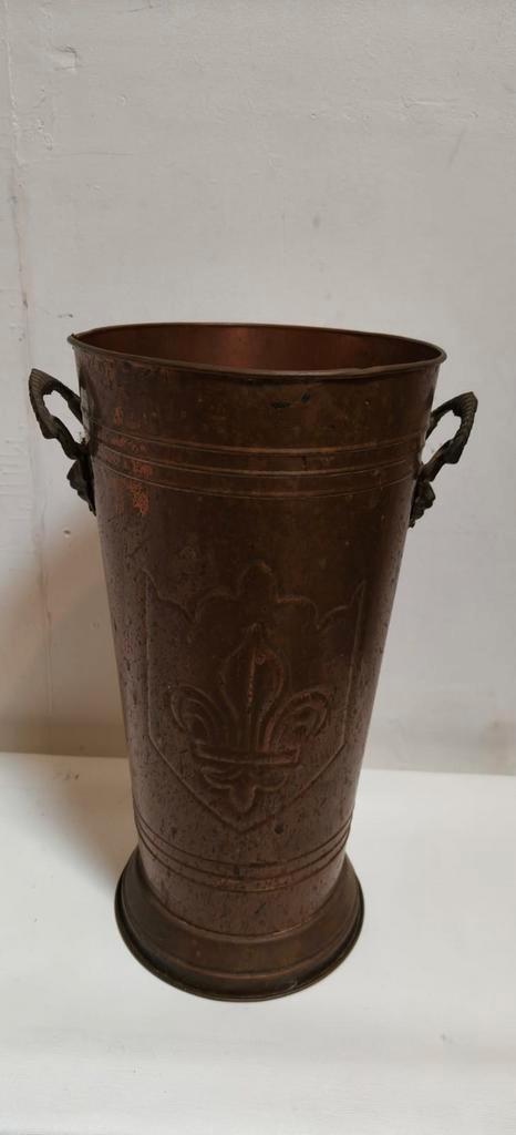 Vintage koperen paraplubak met leeuwenkop en handvaten, Huis en Inrichting, Woonaccessoires | Paraplubakken, Gebruikt, Metaal