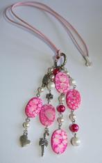 Halflange veterketting met roze en witte parels, schelp, Ophalen of Verzenden, Roze, Met hanger