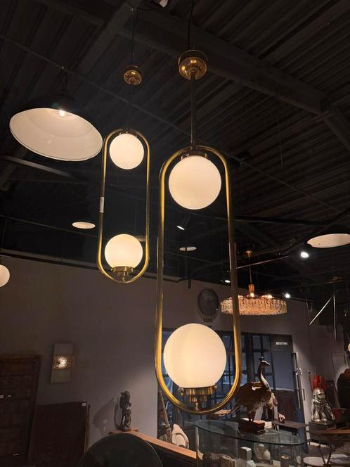 Messing hanglamp met dubbele glazen bollen, Huis en Inrichting, Lampen | Plafondlampen, Ophalen of Verzenden
