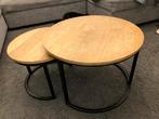 Salontafel set – 2 ronde bijzettafels hout/zwart metaal, Ophalen, Gebruikt, 50 tot 100 cm, Rond