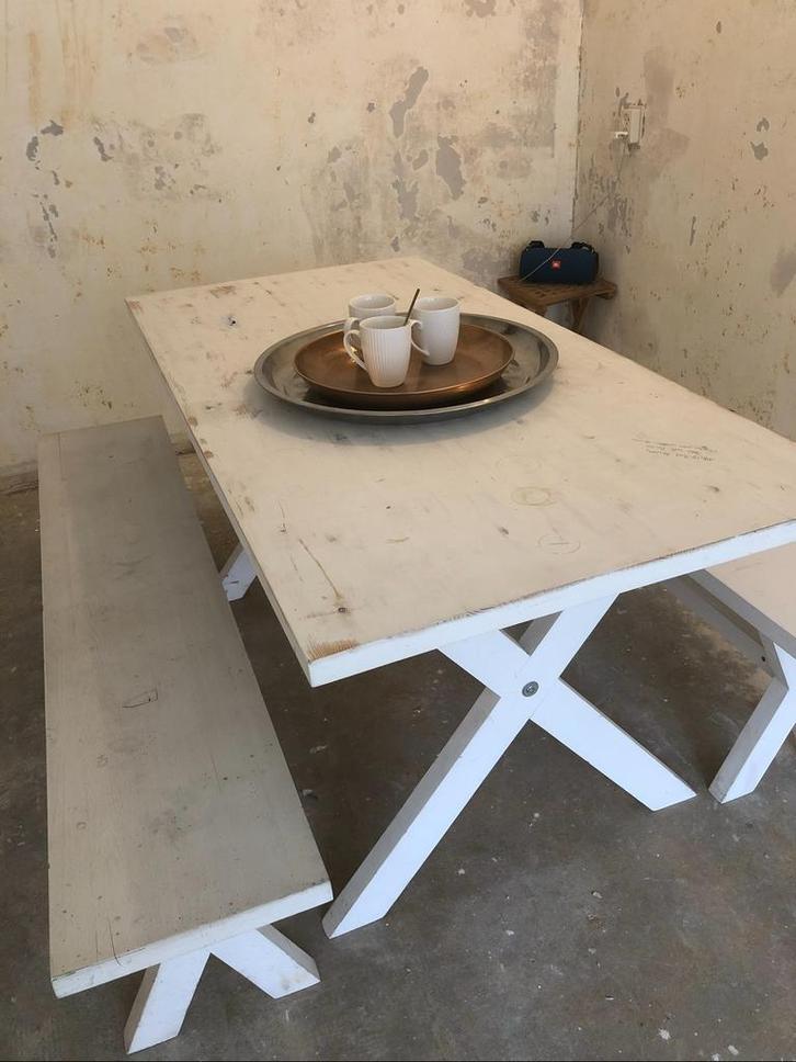 Rustieke Eettafel met Banken - Verweerde Look, Huis en Inrichting, Tafels | Eettafels, Gebruikt, 50 tot 100 cm, 150 tot 200 cm