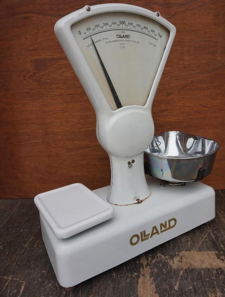 Goed werkende vintage OLLAND emaille winkel weegschaal, Witgoed en Apparatuur, Weegschalen, Gebruikt, Winkelweegschaal, 500 gram of grover