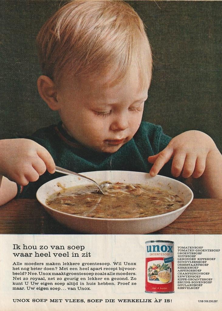 Retro reclame 1966 Unox jongetje houdt zo van soep, Verzenden, Overige typen