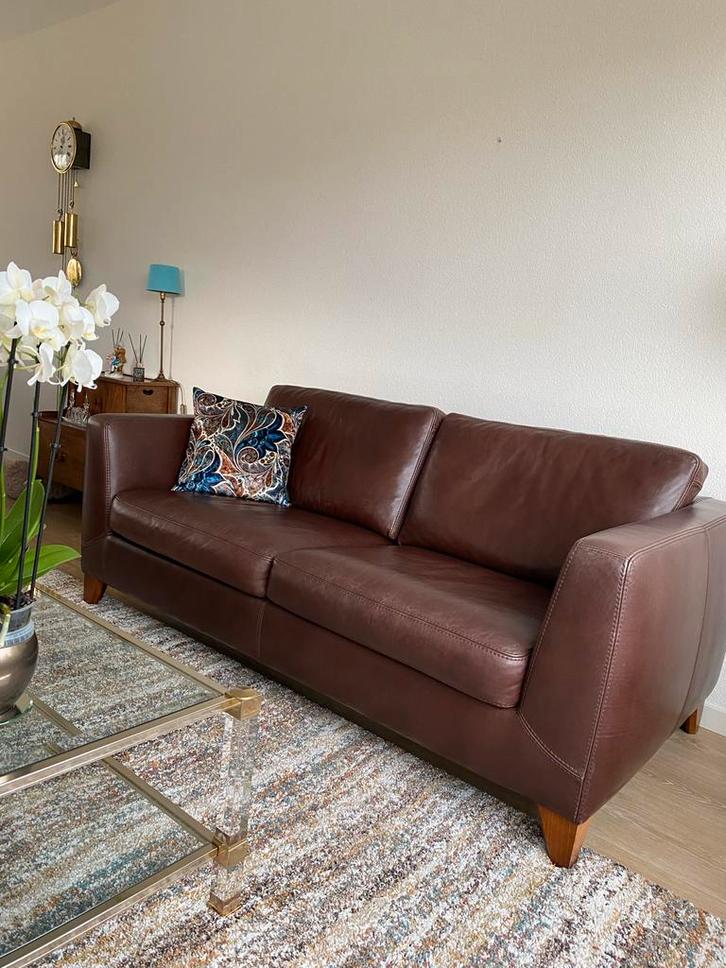 Bruin leren bankstel - Stevig en in topconditie!, Huis en Inrichting, Banken | Bankstellen, Zo goed als nieuw, Rechte bank, Driepersoons