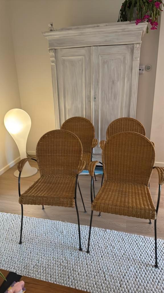 4 rotan eetkamerstoelen, Huis en Inrichting, Stoelen, Gebruikt, Vier, Riet of Rotan, Bruin, Ophalen of Verzenden