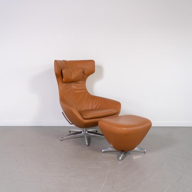 1x Leolux Caruzzo PLUS Fauteuil + Voetenbank Karamel Leer, Huis en Inrichting, Fauteuils, Zo goed als nieuw, Leer, Metaal, 75 tot 100 cm