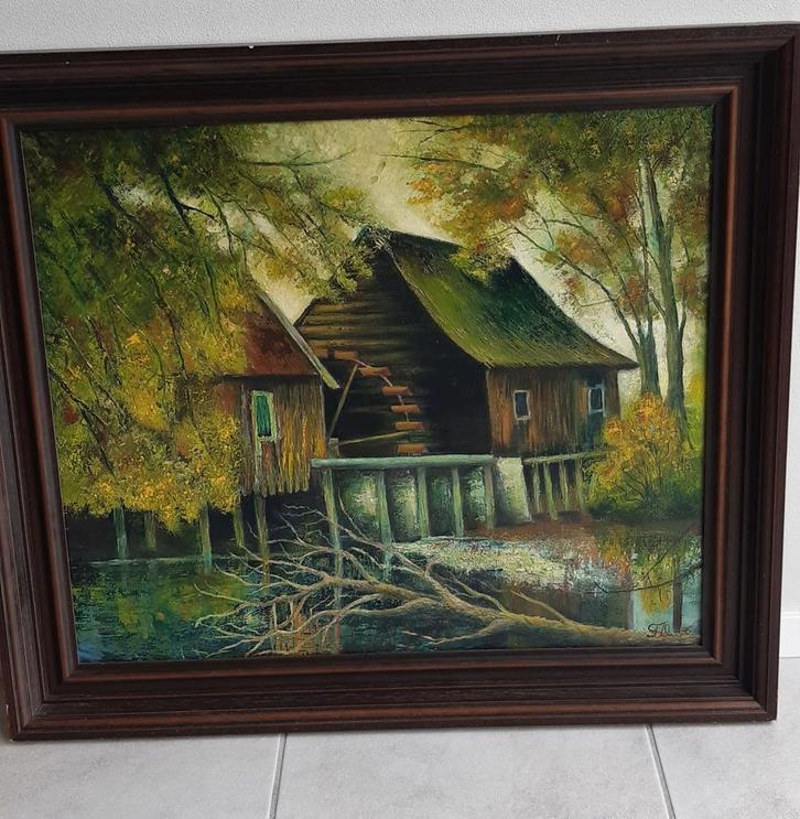 Schilderij oude watermolen, Antiek en Kunst, Kunst | Schilderijen | Klassiek, Ophalen of Verzenden