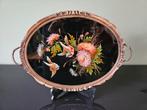 Vintage / antiek dienblad Japans hout, glas, vogels, Ophalen of Verzenden, Gebruikt, Ovaal, Hout