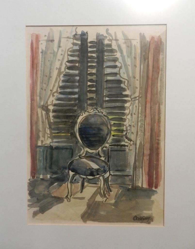 Fraai Aquarel Interieur m stoel Jeanne Bieruma Oosting 50x35, Antiek en Kunst, Kunst | Schilderijen | Klassiek, Ophalen of Verzenden