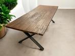 Vintage koloniale eetkamertafel - metalen frame en teakhout, Ophalen, B, Gebruikt, 200 cm of meer