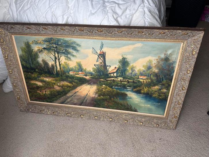 Schilderij met Molen en Landschap, Antiek en Kunst, Kunst | Schilderijen | Klassiek, Ophalen