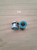 Nieuwe tunnels, pluggen. Staal. Aqua steentjes. 6, 8, 10 mm., Ophalen of Verzenden, Zo goed als nieuw, Staal, Oor- of Traguspiercing