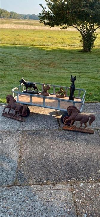 Gietijzer dieren friese-paard herdershond kat kip bolderkar, Antiek en Kunst, Curiosa en Brocante, Ophalen of Verzenden