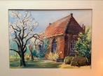 Landschap, kerk, gebouw, schilderij, bomen, bloesem, oud, Antiek en Kunst, Ophalen of Verzenden
