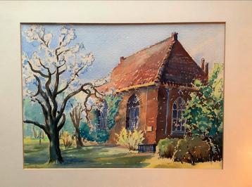 Landschap, kerk, gebouw, schilderij, bomen, bloesem, oud beschikbaar voor biedingen