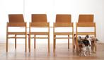 Vintage Design houten stoelen met plaats voor je tijdschrift, Gebruikt, Bruin, Ophalen of Verzenden, Vier
