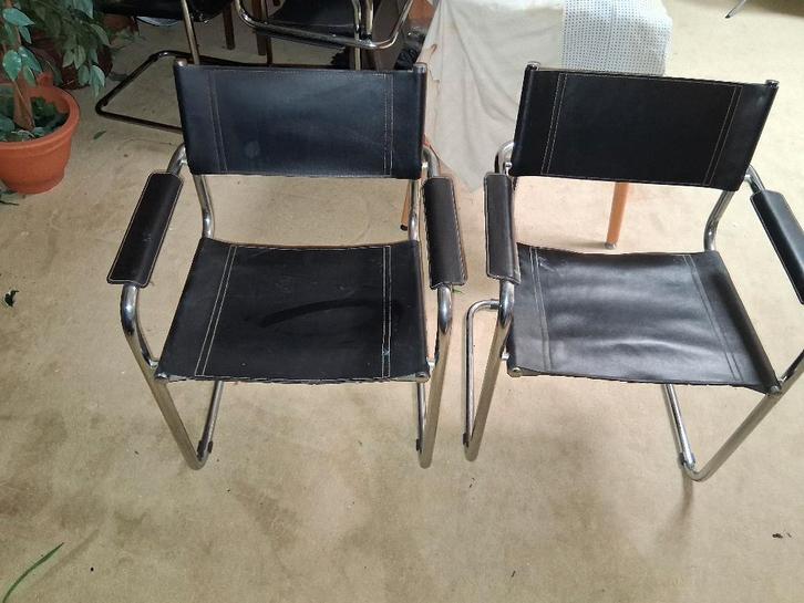 mart stam breuer stijl bauhaus slede stoelen, Huis en Inrichting, Stoelen, Gebruikt, Vier, Leer, Metaal, Overige materialen, Zwart