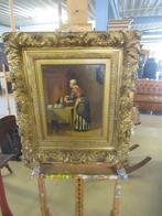 Oer 11619 antiek schilderij "Vrouw met poes", Antiek en Kunst, Ophalen