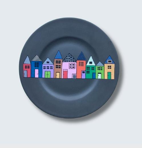 Handbeschilderd bordje ' Huizen', Huis en Inrichting, Woonaccessoires | Wanddecoraties, Zo goed als nieuw, Ophalen of Verzenden