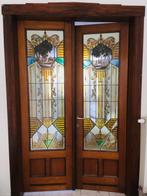 antieke jugendstil gebrandschilderde glas in lood dubbele en, Ophalen, Gebruikt, 120 cm of meer, Glas