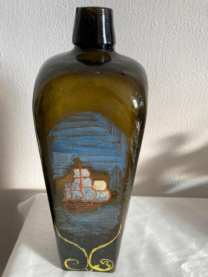 Antieke Jeneverfles, 19e Eeuws, Groen Glas, Antiek en Kunst, Antiek | Glas en Kristal, Ophalen of Verzenden