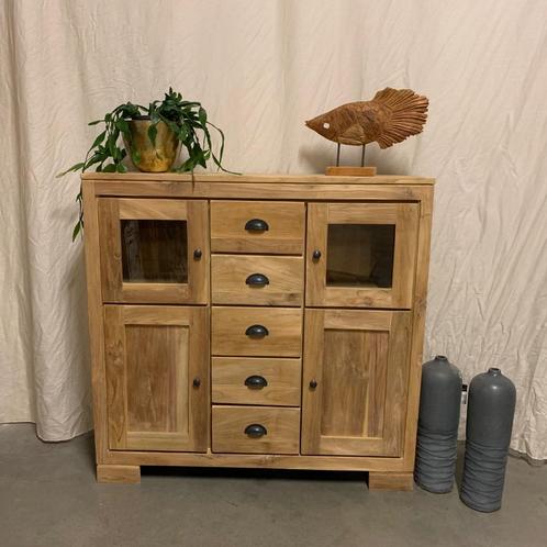 Dressoir - massief teak - 110 cm breed - 4 deuren -TTM Wonen, Huis en Inrichting, Kasten | Dressoirs, Nieuw, 100 tot 150 cm, 25 tot 50 cm
