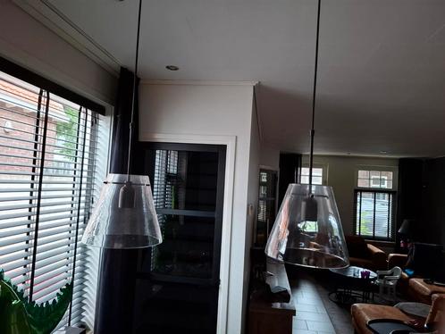 3 hanglampen mat zwart, dik glas en E27 fitting., Huis en Inrichting, Lampen | Hanglampen, Zo goed als nieuw, 75 cm of meer, Glas