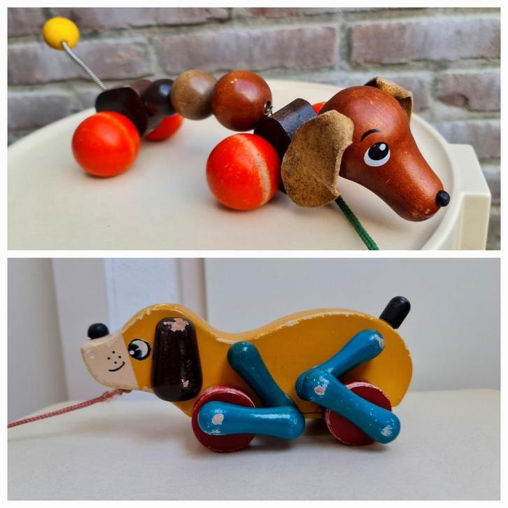 Houten trekhond teckel Heinz Lorenz + felgekleurde trekhond, Antiek en Kunst, Antiek | Speelgoed, Ophalen