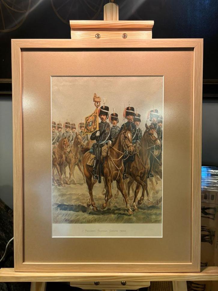 Ingelijste antieke militaire prent - Regiment Huzaren, Antiek en Kunst, Kunst | Schilderijen | Klassiek, Ophalen of Verzenden