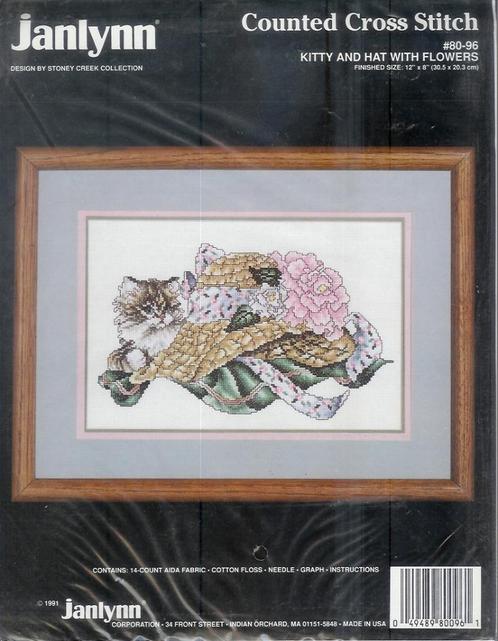 Cado  JANLYNN BORDUURPAKKET  KITTY and  HAT WITH FLOWERS, Hobby en Vrije tijd, Borduren en Borduurmachines, Nieuw, Borduurpakket