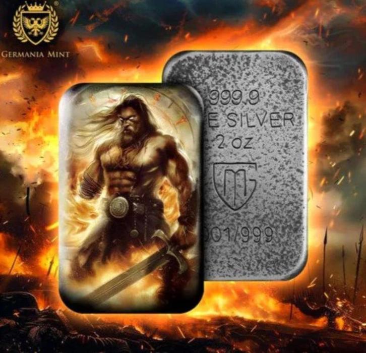 (8402) Germania mint: TYR GERMAANSE GOD COLOR BAAR TWO OUNCE, Postzegels en Munten, Edelmetalen en Baren, Zilver, Ophalen of Verzenden