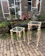 Set van 2 Brocante Franse Bijzettafeltjes, Minder dan 55 cm, Metaal of Aluminium, Vierkant, Zo goed als nieuw