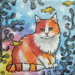 Super leuk schilderijtje van een kleurige kat, Antiek en Kunst, Kunst | Schilderijen | Modern, Ophalen of Verzenden
