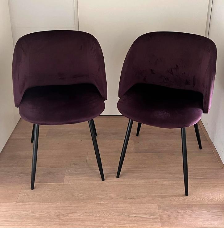 ~ GERESERVEERD ~ 2 aubergine kleurige velours stoelen, Huis en Inrichting, Stoelen, Gebruikt, Twee, Ophalen